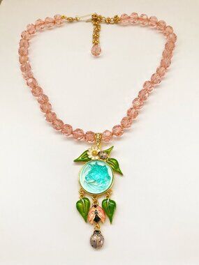 Kirks Folly Cameo Unicorn Enamel Flower Ladybug Pink Beaded Pendant Necklace